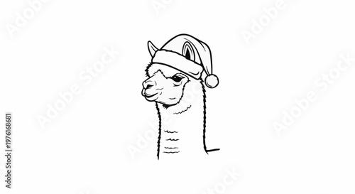 A festive llama wearing a Santa hat, drawn in black outline on a white background