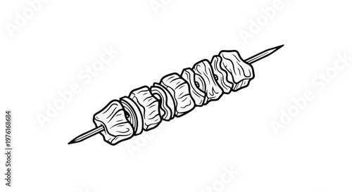 A hand-drawn sketch of a meat skewer with several chunks of meat on it