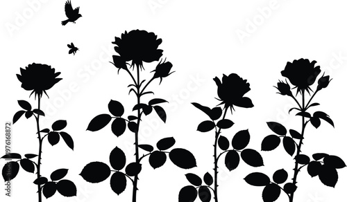 Title silhouetted flowers and flying insects in minimalist style description a stark