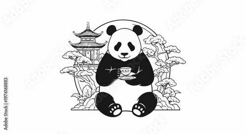 A black and white illustration of a panda holding a teacup with a pagoda and trees