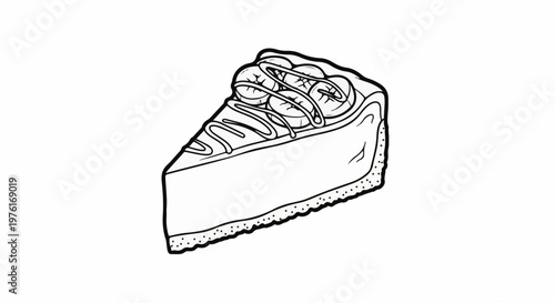 A hand-drawn slice of creamy cheesecake topped with banana slices and chocolate drizzle