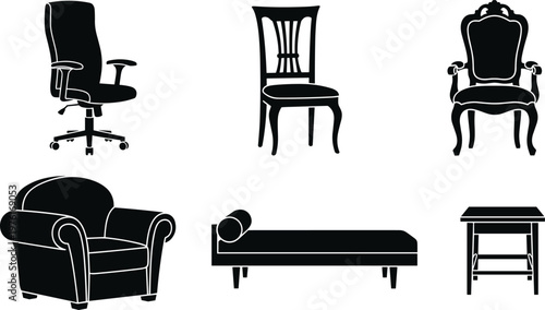Modern and classic chair silhouettes collection, furniture icons set, armchair office chair vintage seat isolated design illustration black white