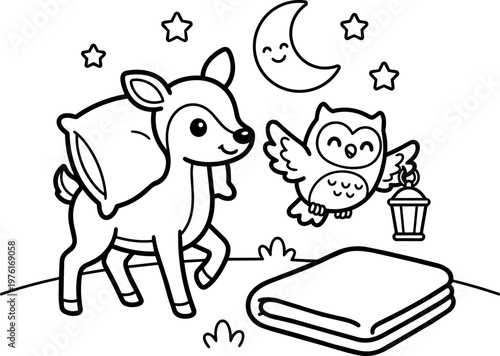 Deer carrying pillow and owl with lantern under smiling moon