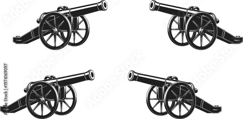 Vintage cannon silhouettes collection, historical artillery weapons illustration, military war equipment black white isolated design set antique style defense concept
