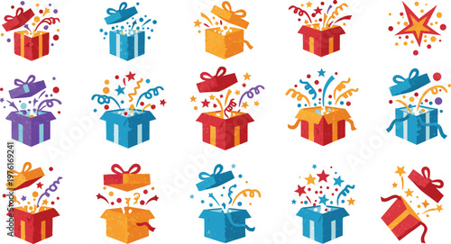 Colorful gift boxes with ribbons and confetti on white background for celebration