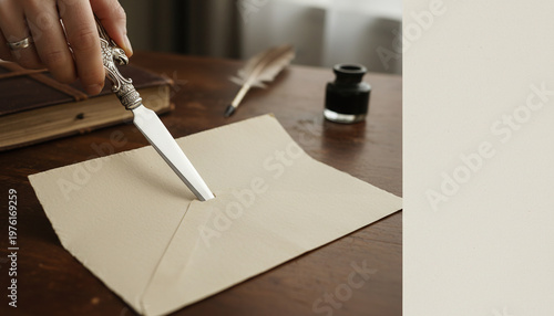 Modern pen cuts open snail mail envelope for cultural exchange of handwritten letters between pals creating warm connection