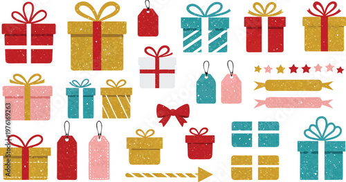 Christmas gift boxes and holiday present icons vector set with ribbons bows celebration decoration illustration themed design