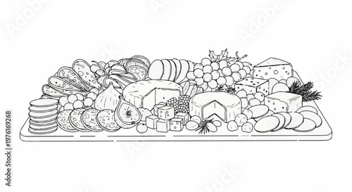 A hand-drawn spread of charcuterie, cheese, grapes, and figs on a wooden board