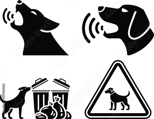 Four icons depicting dogs and their common behaviors and warnings
