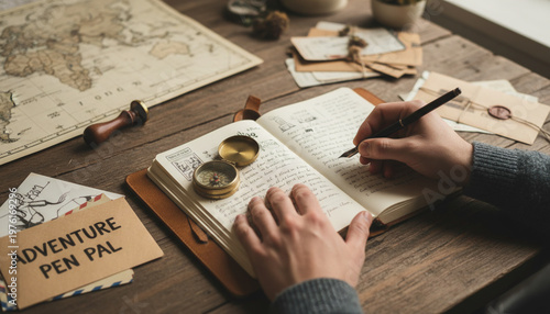 Person writes in journal for pen pals with modern snail mail cultural exchange theme surrounded by vintage letters and compass