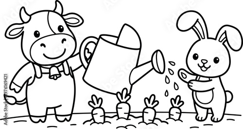 Black and white line art cow watering carrot garden with bunny holding cup