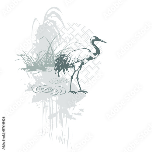 crane bird abstract brush japanese chinese vector ink traditional asian design isolated