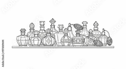 A collection of antique glass perfume bottles with ornate stoppers and designs
