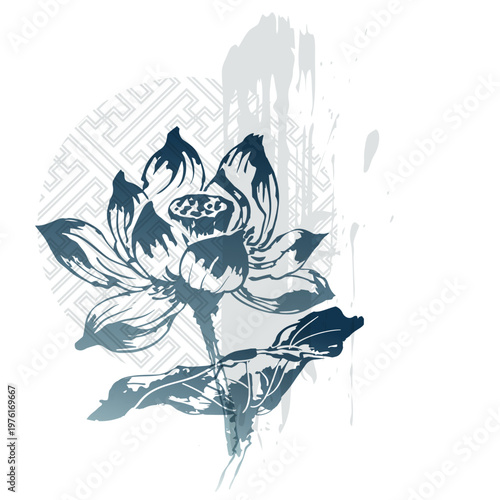 lotus water lily flower abstract brush japanese chinese vector ink traditional asian design isolated