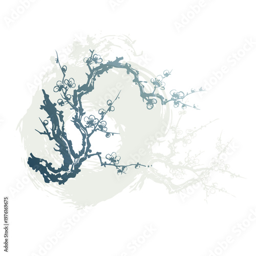 bloom plum floral sakura abstract brush japanese chinese vector ink traditional asian design isolated