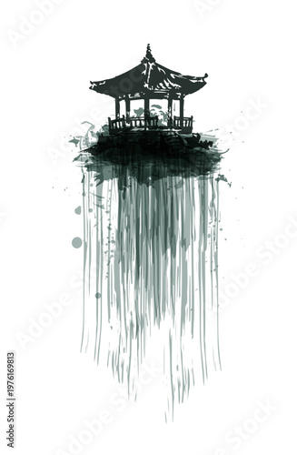 alcove pagoda building abstract brush japanese chinese vector ink traditional asian design isolated