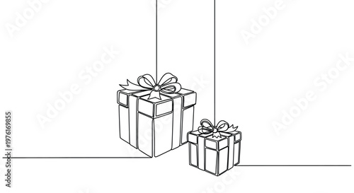 Gift boxes tied with ribbons hanging line art white background black and white gift giving