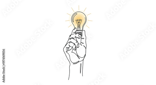 Hand holding a lit light bulb with line art white background inspiration creativity solution