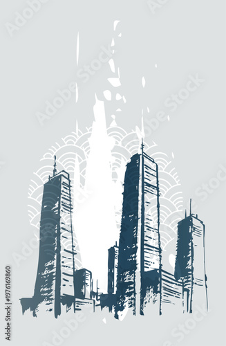 city buildings scape abstract brush japanese chinese vector ink traditional asian design isolated