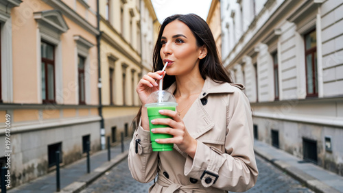 A woman holds a green drink in a cozy cup and drinks through a straw while walking on a cobblestone street. She wears a light coat and has long hair. Buildings line the street