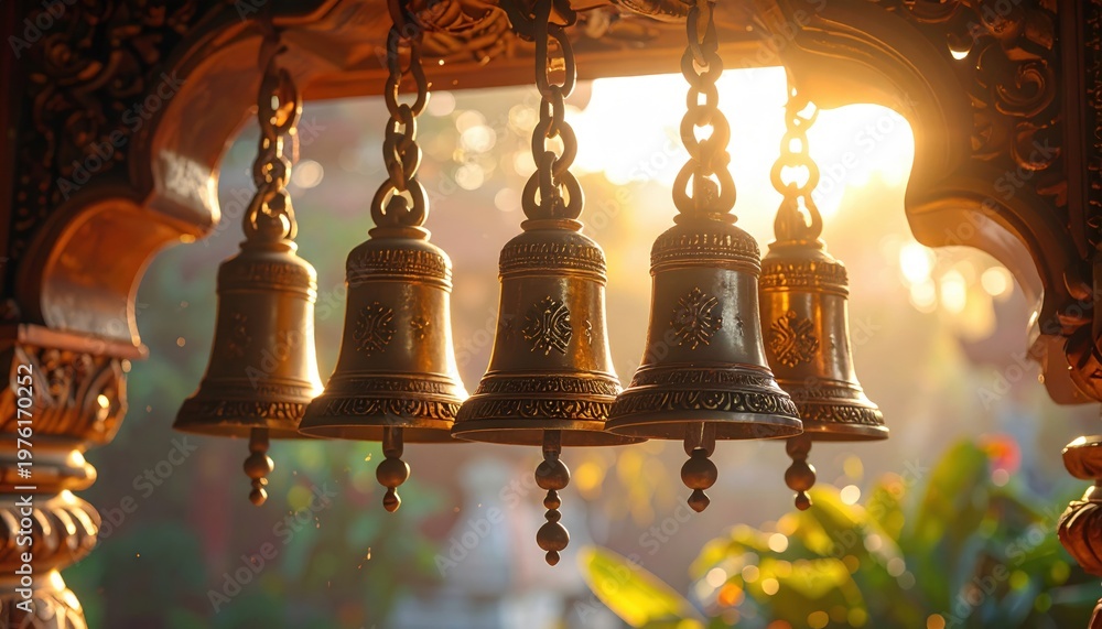 Obraz premium Ornate Bronze Bells Hanging in Warm Sunlight, Showcasing Traditional Craftsmanship and Serene Atmosphere