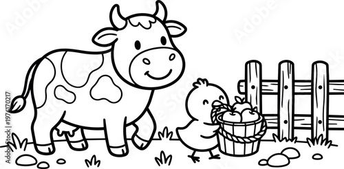 Cow and chick carrying basket with apples near fence