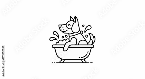 A happy dog is bathed in a bubbly bathtub