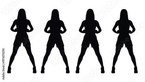 Four silhouetted figures of women standing in a row hands on hips