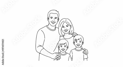 A happy family of four, drawn with simple black outlines on a white background