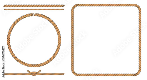 Rope frame set with round and square borders, plus straight and knotted rope segment. Colored vector illustration isolated on white background, nautical and rustic design elements.