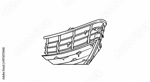 A black and white line drawing of the side of an old, weathered wooden boat