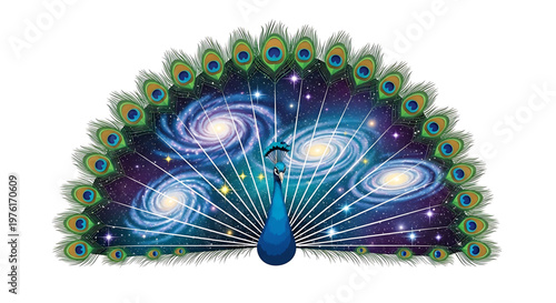 A vibrant peacock illustration with a stunning galaxy design on its feathers