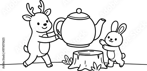 Black and white line art deer and rabbit holding teapot over tree stump