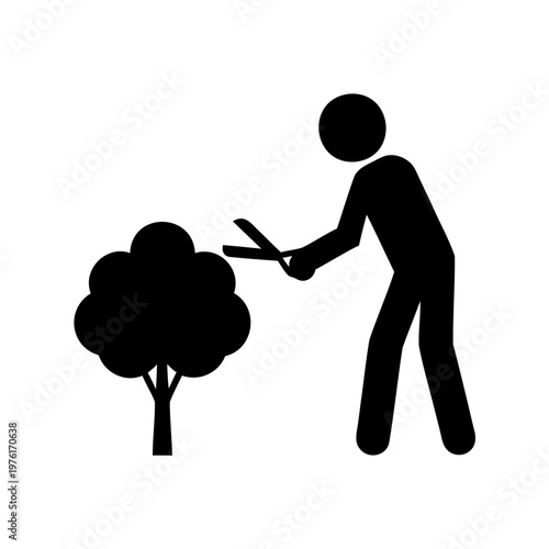 Gardening icon, pruning tree, black silhouette, gardening tools, landscaping symbol