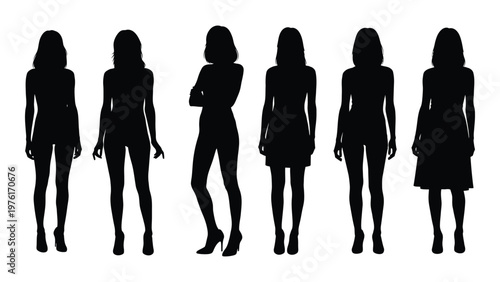 Silhouette collection of six women in various poses facing forward