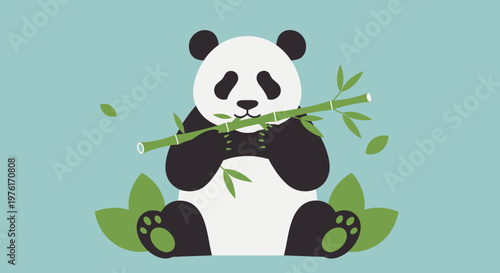 Cute Panda Eating Bamboo Leaves.