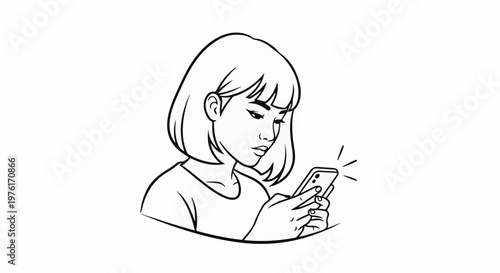 A focused young woman with short hair looking at her smartphone