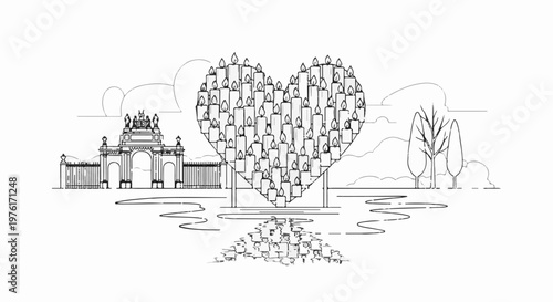 A heart of candles illuminates a memorial scene with a grand archway