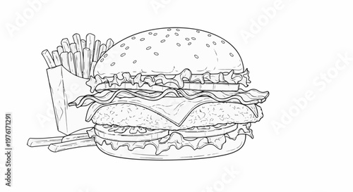 A black and white outline drawing of a loaded hamburger with fries
