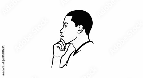 A black and white outline drawing of a person in profile, chin resting on their hand