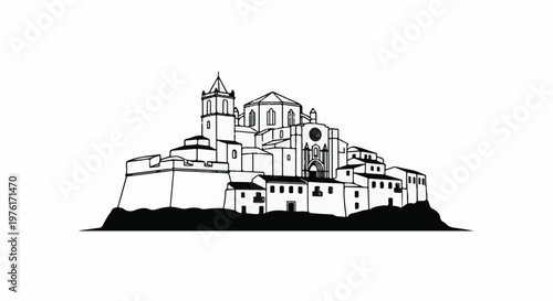 A black and white outline of a historic European city perched on a hill