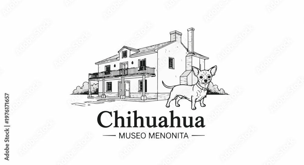 Fototapeta premium A black and white illustration shows a house and a chihuahua in front of it