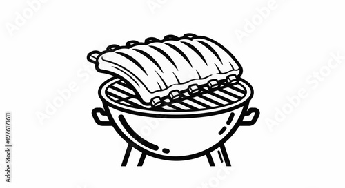 A black and white illustration of ribs cooking on a grill