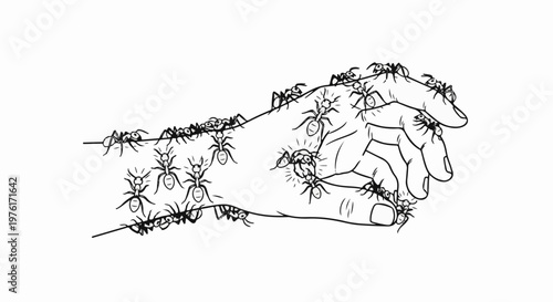 A black and white illustration shows a hand being covered by a swarm of ants