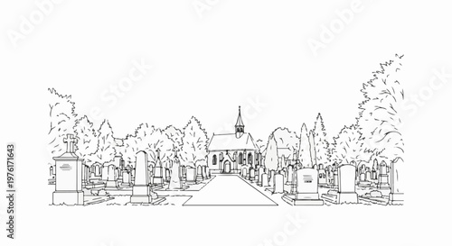 A black and white sketch depicts a cemetery with a chapel at the end of a path