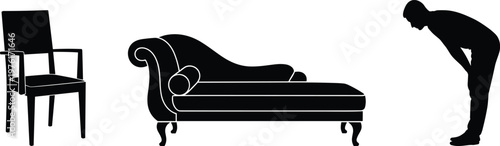 Furniture and human posture silhouettes, chair chaise lounge and bending person illustration, black white isolated design set interior concept