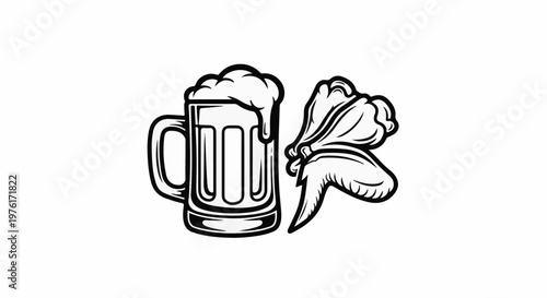 A frothy beer mug next to a serving of chicken wings