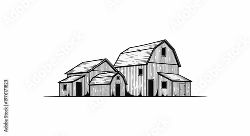 A black and white sketch of a cluster of rustic farm buildings