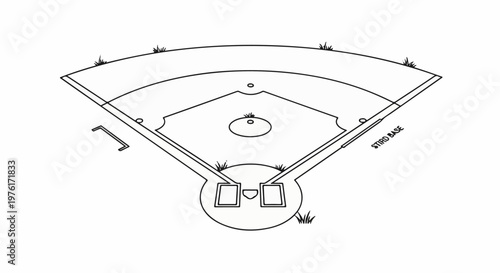 A black and white line drawing of a baseball field from a bird's-eye view