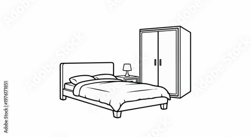 A black and white line drawing of a bedroom set with a bed, nightstand, and wardrobe